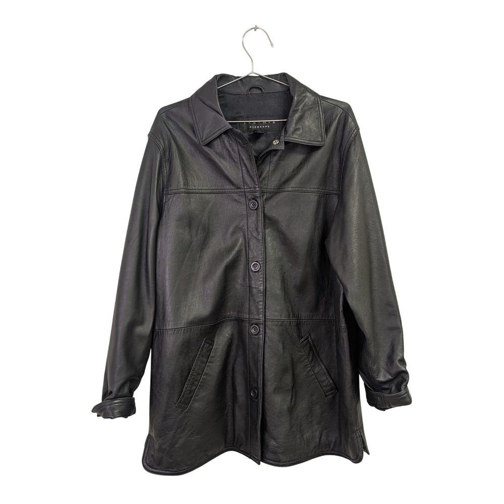 Vintage Leather Elements Leather Shirt Jacket Car Coat 90's Button Front Black L